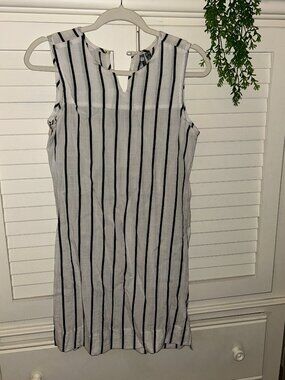 Black and White Striped Shift Dress with Button Closure